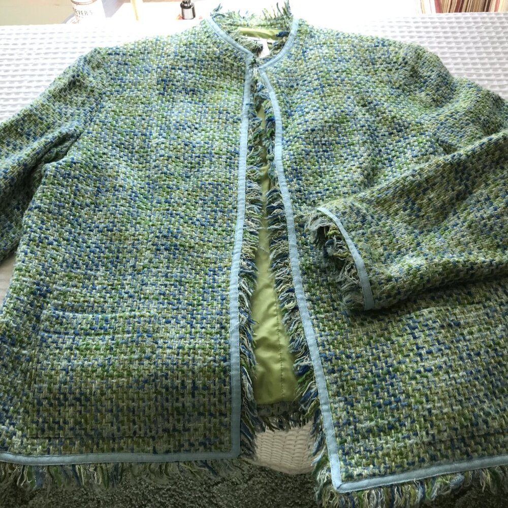 Dressbarn Sz 16 Tweed Open Front Blazer Fringe Pockets Green Blue - Picture 7 of 9